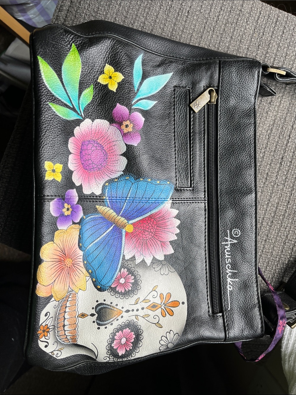 Anuschka Black Crossbody with Colorful Floral, Butterfly & Skull Art - Picture 5 of 7
